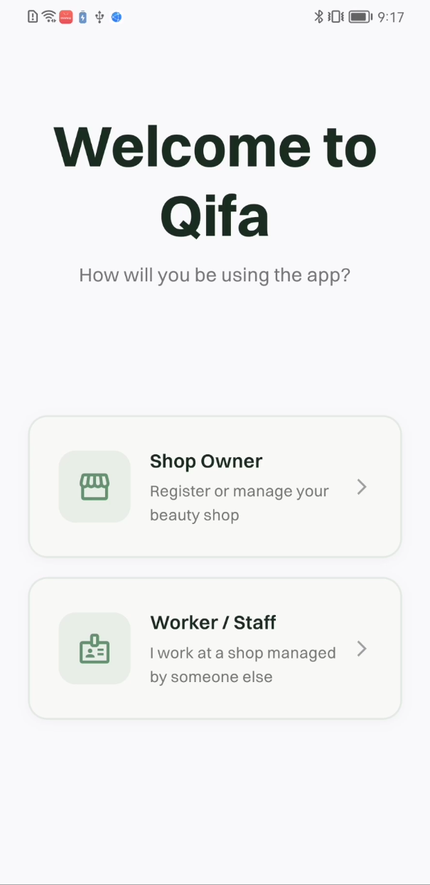 Qifa Shop — owner vs worker selection